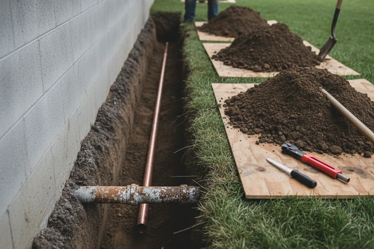 Excavated water line trench during Water Softener Installation in Alliance